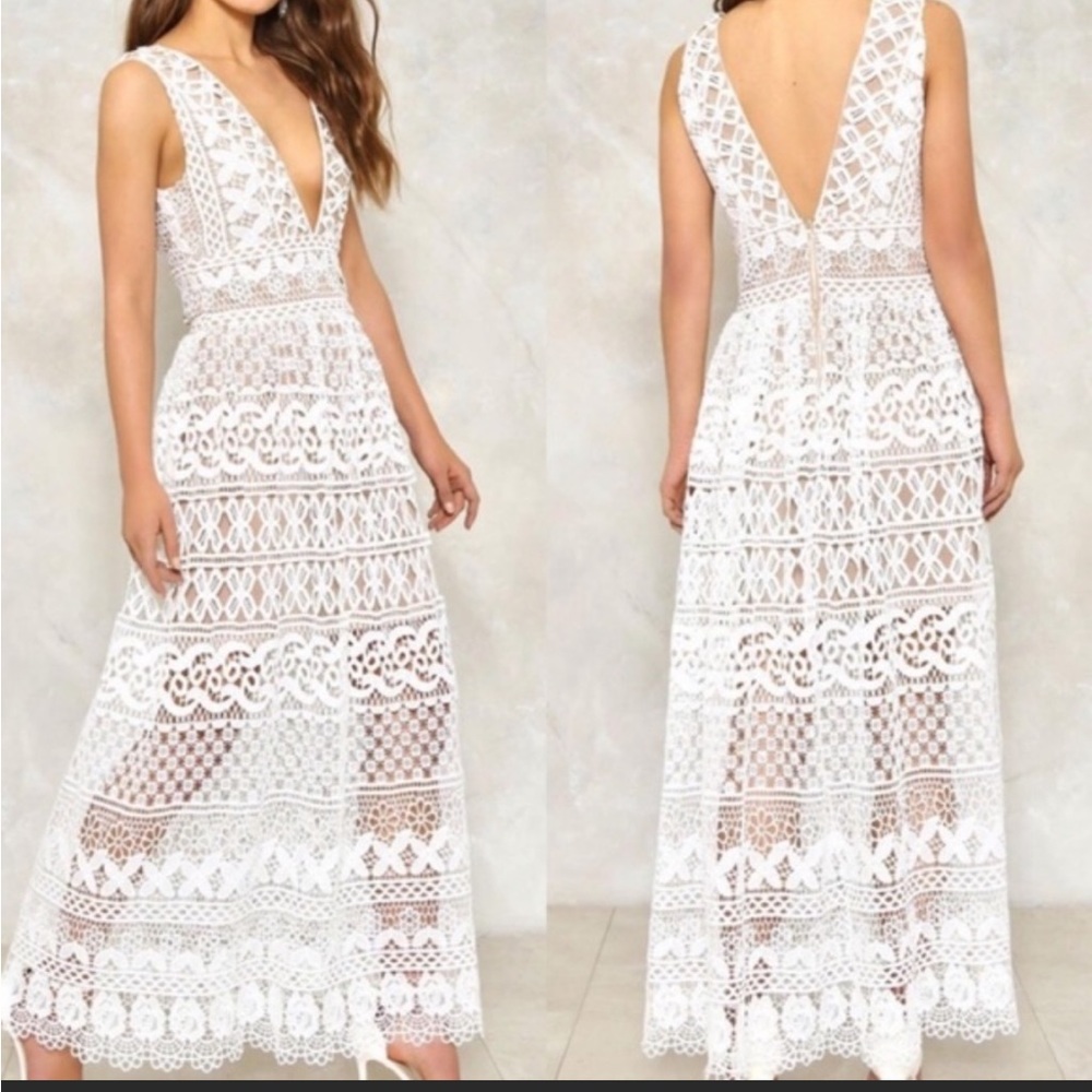 White crochet lace maxi with nude lining